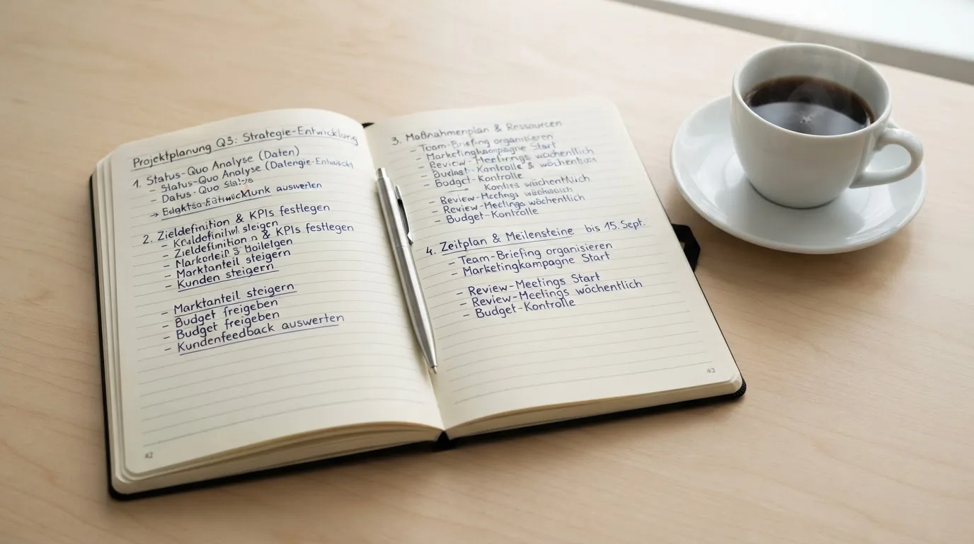 Ein aufgeschlagenes Notizbuch mit handschriftlichen Notizen und ein Kugelschreiber liegen auf einem hellen Schreibtisch neben einer Kaffeetasse.