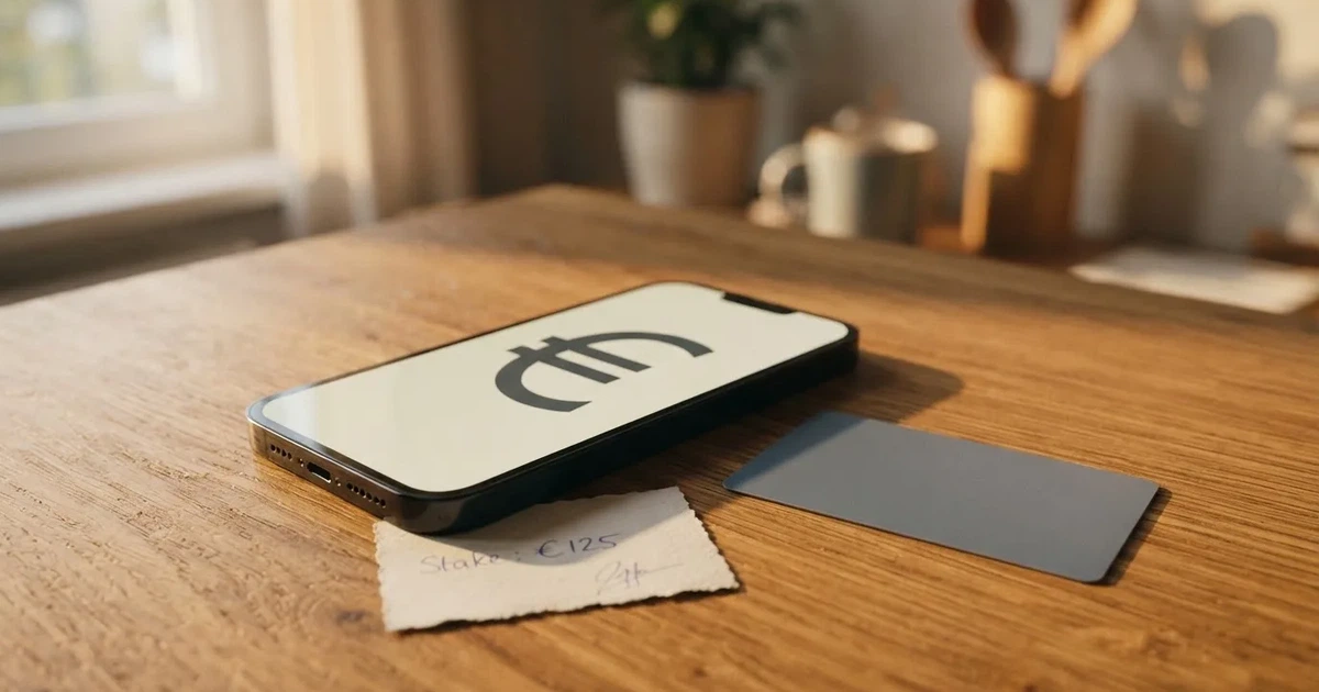 Ein Smartphone liegt mit dem Display nach unten auf einem Holztisch, daneben ein paar Euro-Münzen und eine unbeschriftete Plastikkarte im Morgenlicht.