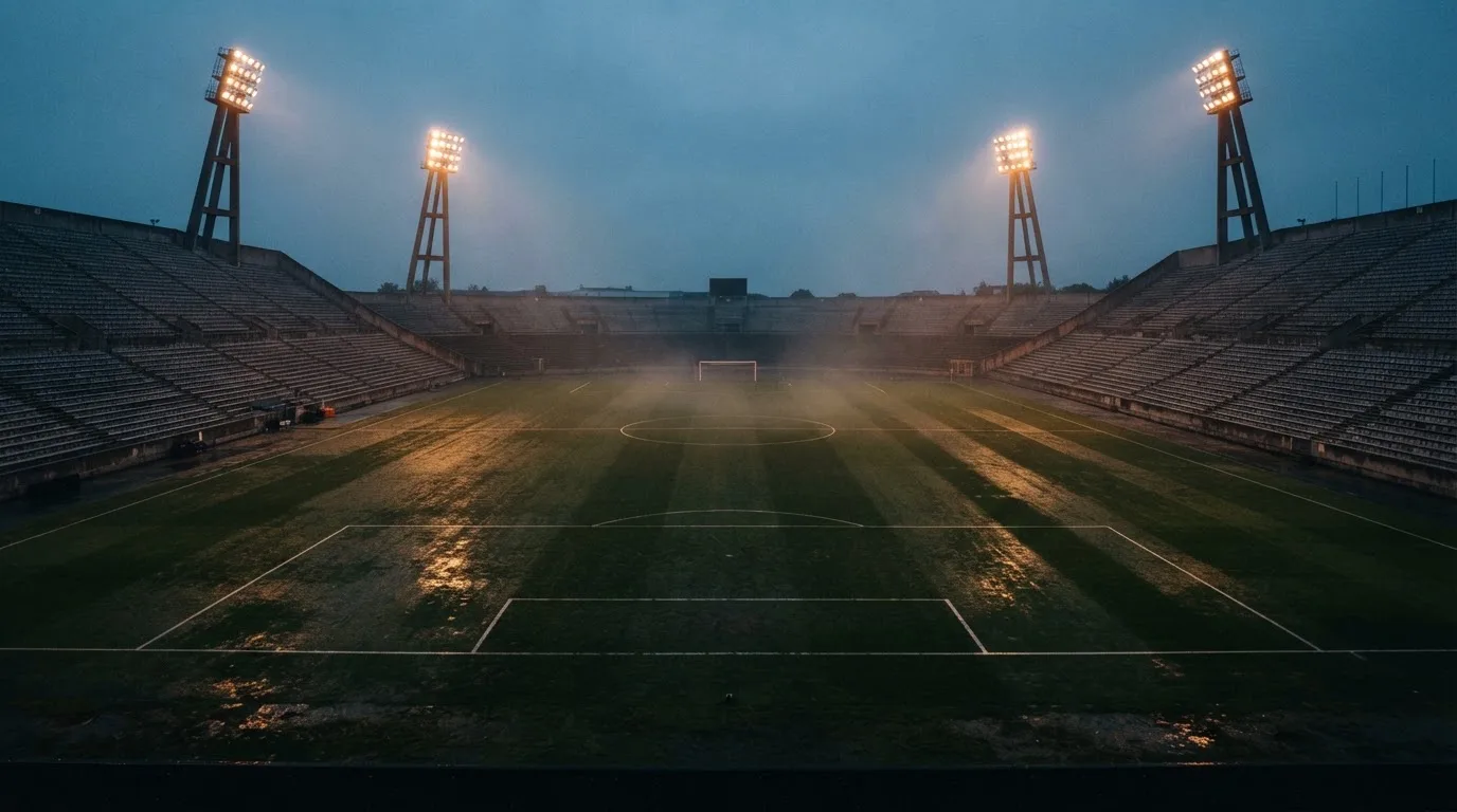 Ein Fußballplatz mit Flutlichtmasten in der Abenddämmerung, aus der Ferne gesehen, leere Tribünen und nasser Rasen unter bewölktem Himmel.