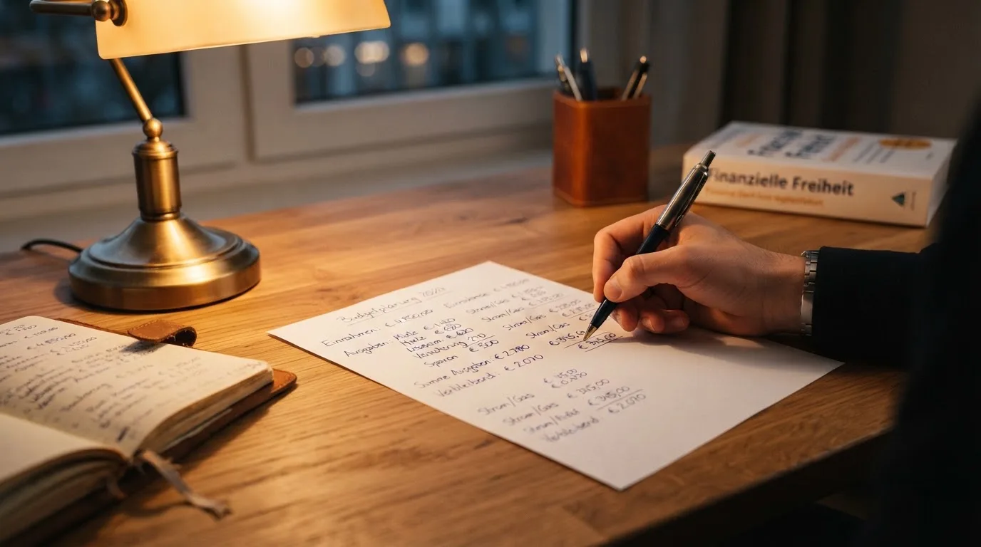 Ein Taschenrechner und ein Blatt Papier mit handschriftlichen Notizen liegen auf einem Schreibtisch unter dem warmen Licht einer Lampe.