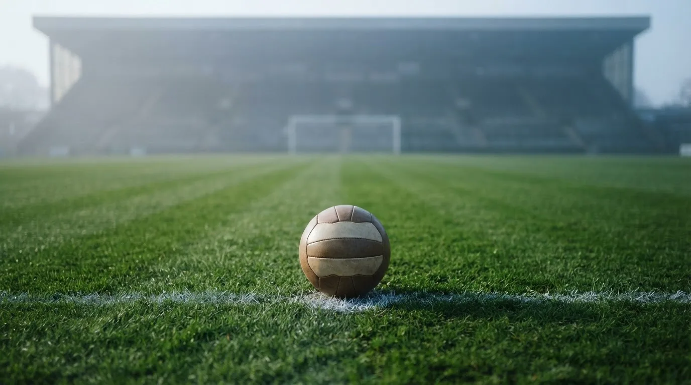Ein Fußball liegt auf dem Elfmeterpunkt eines leeren Rasenplatzes, im Hintergrund eine Tribüne im Dunst.