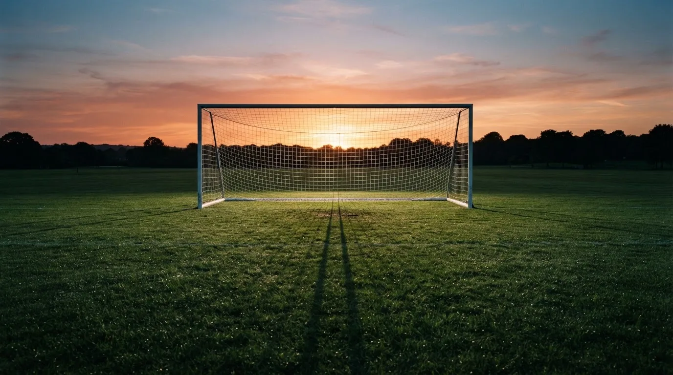 Ein Fußballtor mit Netz bei Sonnenuntergang auf einem leeren Platz, die Schatten der Torpfosten liegen lang auf dem Gras.