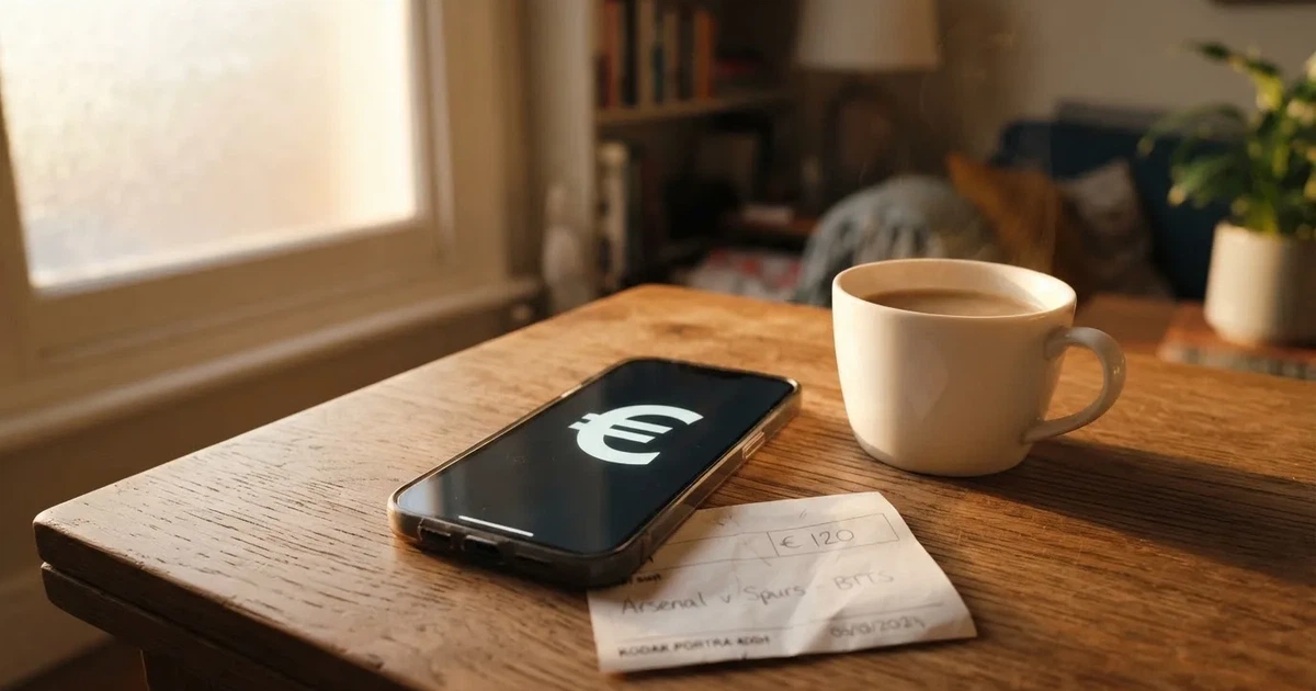 Zwei Euro-Scheine und ein Smartphone liegen auf einem Holztisch neben einer Tasse, im Hintergrund ein unscharfes Fenster.