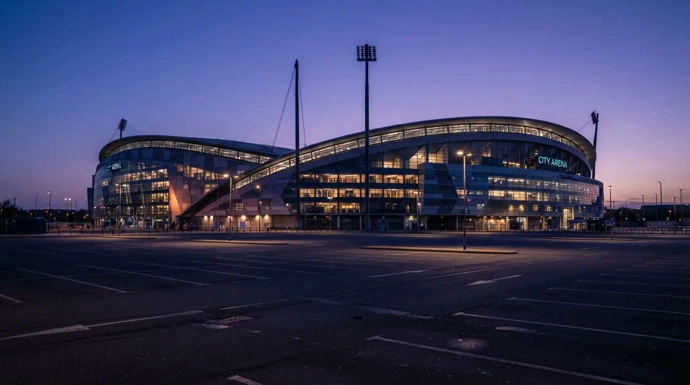 Ein Fußballstadion von außen in der Dämmerung, hohe Flutlichtmasten vor einem violetten Himmel, davor ein leerer Parkplatz.