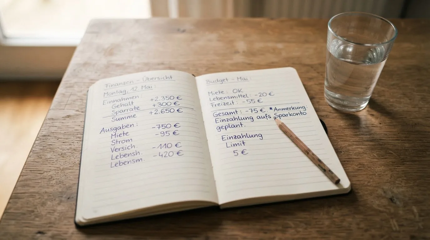 Ein aufgeschlagenes Heft mit handschriftlichen Notizen und ein Bleistift liegen auf einem Schreibtisch, daneben ein Glas Wasser.
