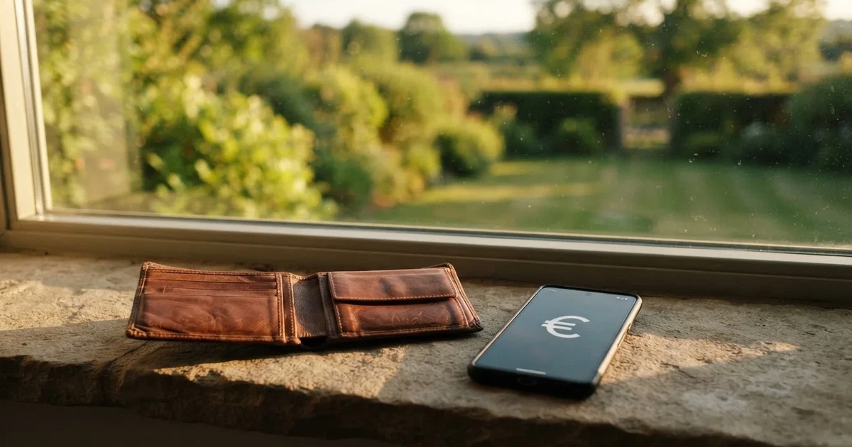 Eine Geldbörse aus Leder liegt geöffnet neben einem Smartphone auf einer Fensterbank, im Hintergrund ein Garten im Gegenlicht.
