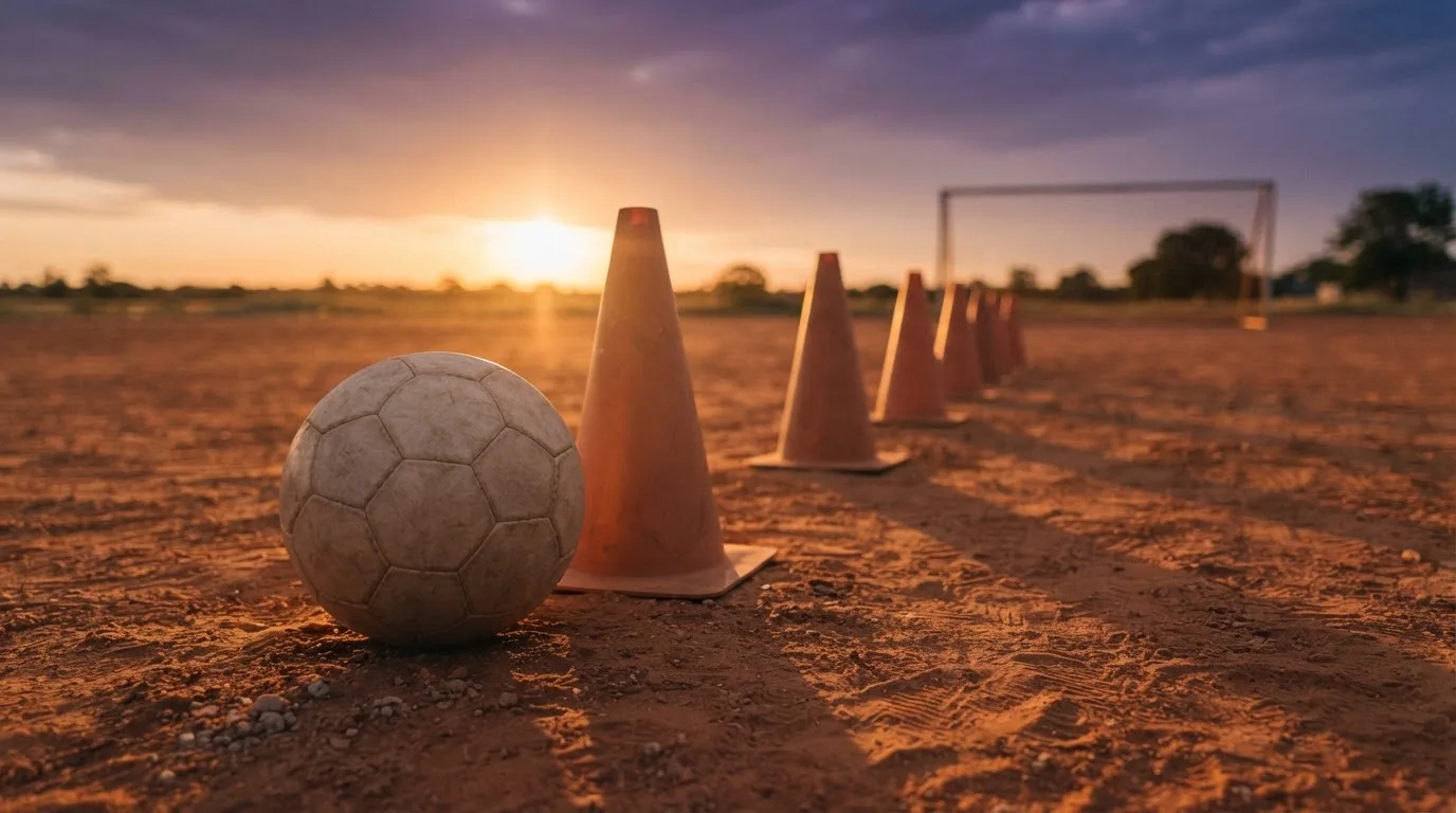 Ein Fußball auf rotem Sandboden neben einer Reihe Hütchen auf einem Trainingsplatz bei untergehender Sonne.