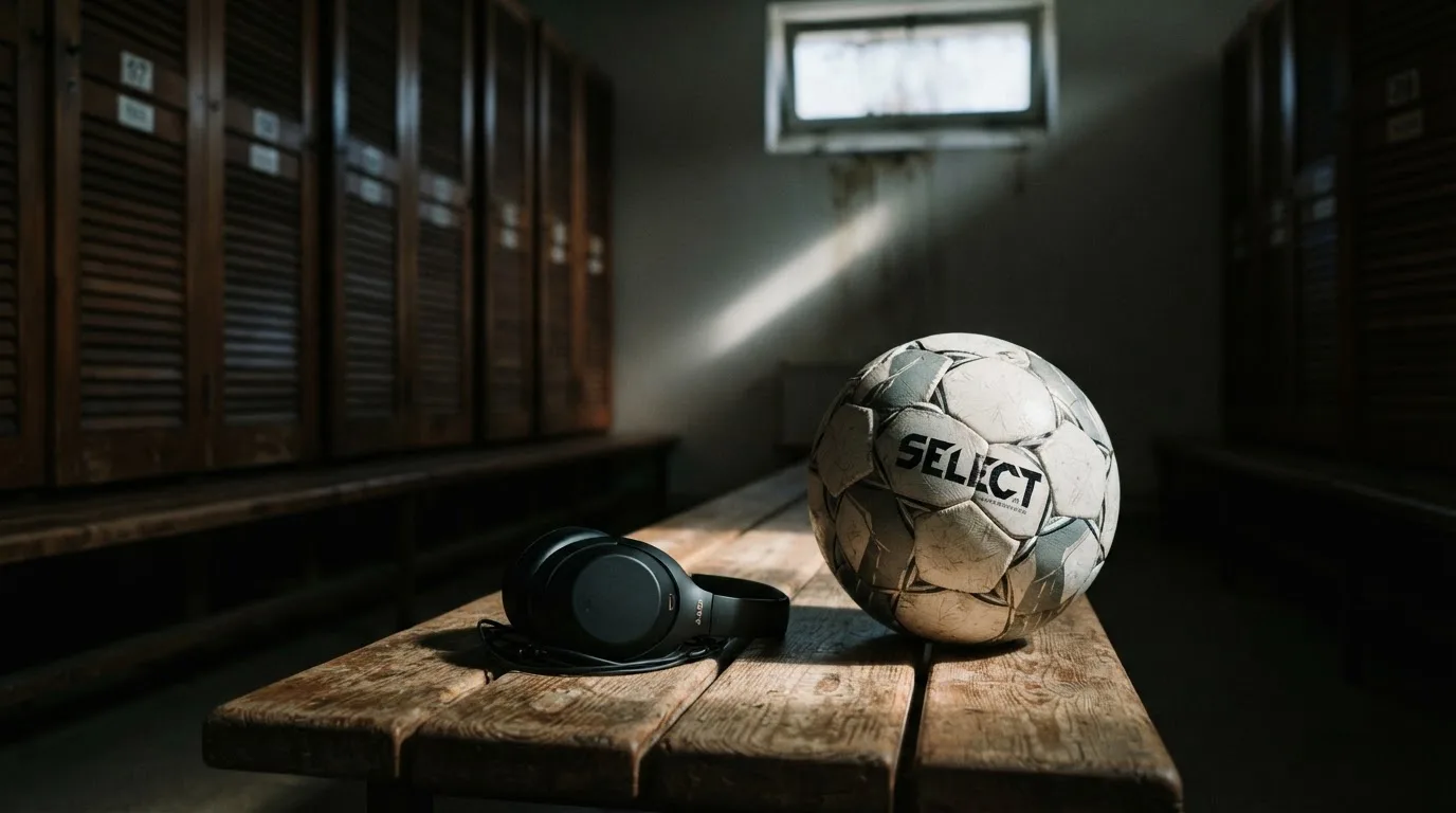 Ein Fußball liegt neben Kopfhörern auf einer Holzbank in einer Umkleide, Licht fällt durch ein schmales Fenster.