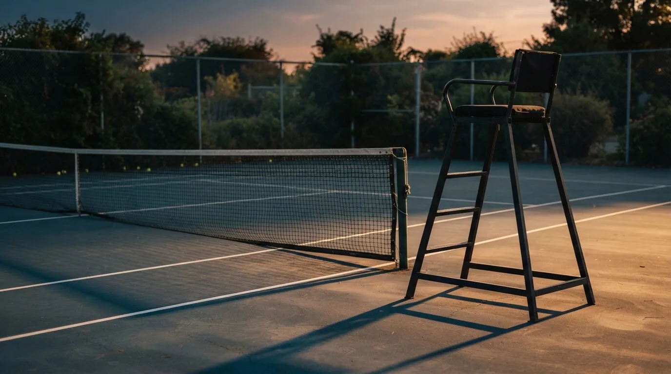 Ein leerer Schiedsrichterstuhl am Spielfeldrand eines Tennisplatzes im Abendlicht, lange Schatten auf dem Belag.