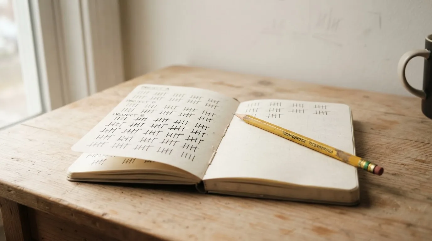 Ein handschriftlich geführtes Heft mit Strichlisten liegt neben einem Bleistift auf einem Tisch, seitlich fällt Tageslicht herein.