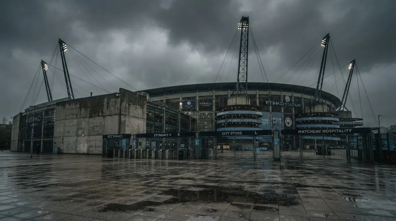 Ein leeres Stadion von außen, hohe Flutlichtmasten vor einem grauen Himmel mit Regenwolken.