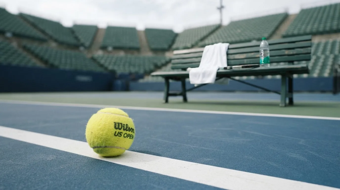 Ein gelber Tennisball liegt auf einer weißen Linie, daneben ein Handtuch auf einer Bank am Spielfeldrand.