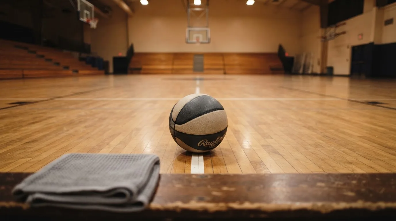 Ein Basketball liegt auf der Freiwurflinie einer Halle, im Vordergrund ein Handtuch auf einer Bank.