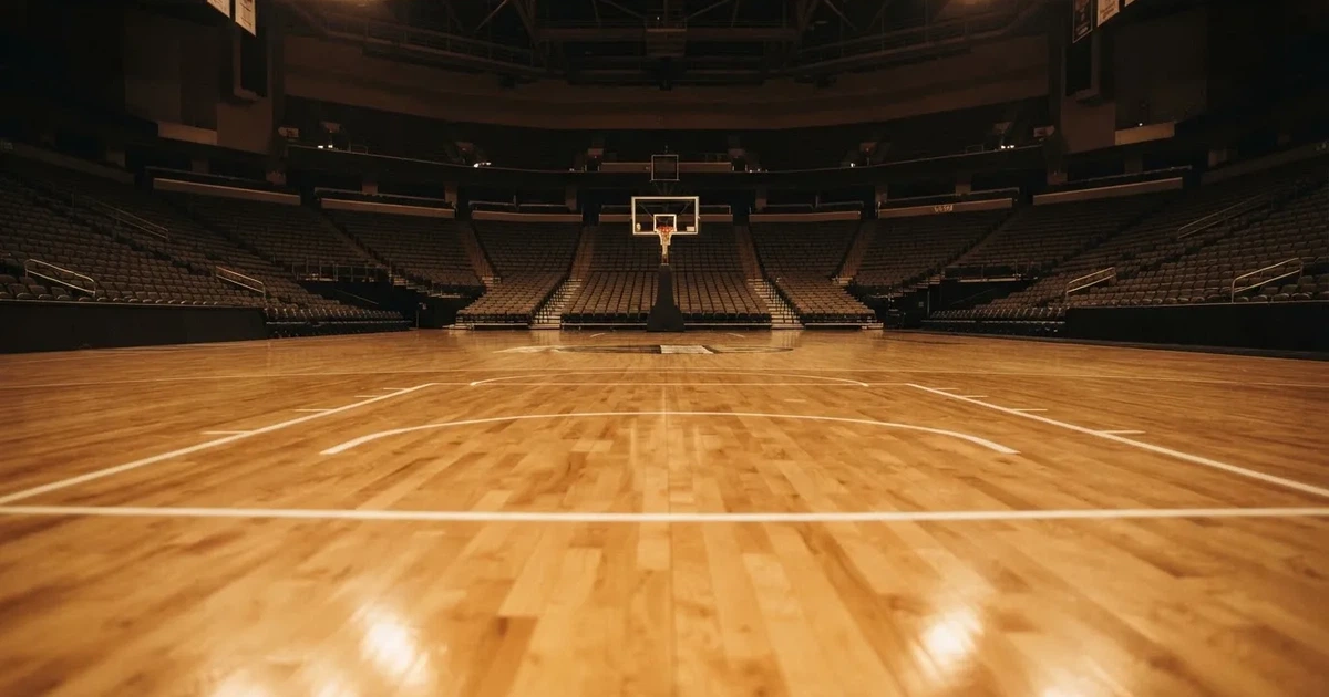 Eine leere Basketballhalle mit glänzendem Parkett und einem Korb im Hintergrund, Licht von Deckenstrahlern spiegelt sich im Boden.