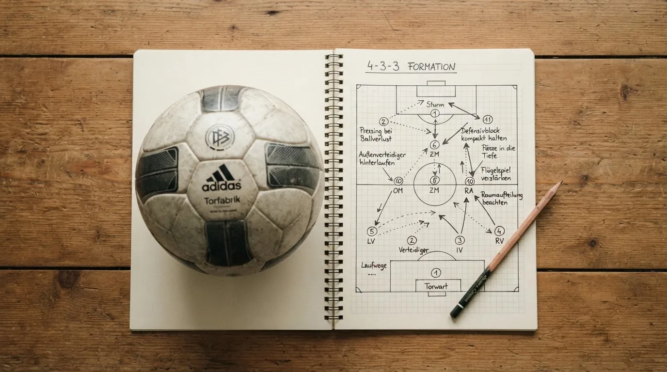 Ein Fußball liegt auf einem Notizbuch mit handgezeichneten Skizzen von Spielzügen, aufgenommen von oben auf einem Holztisch.