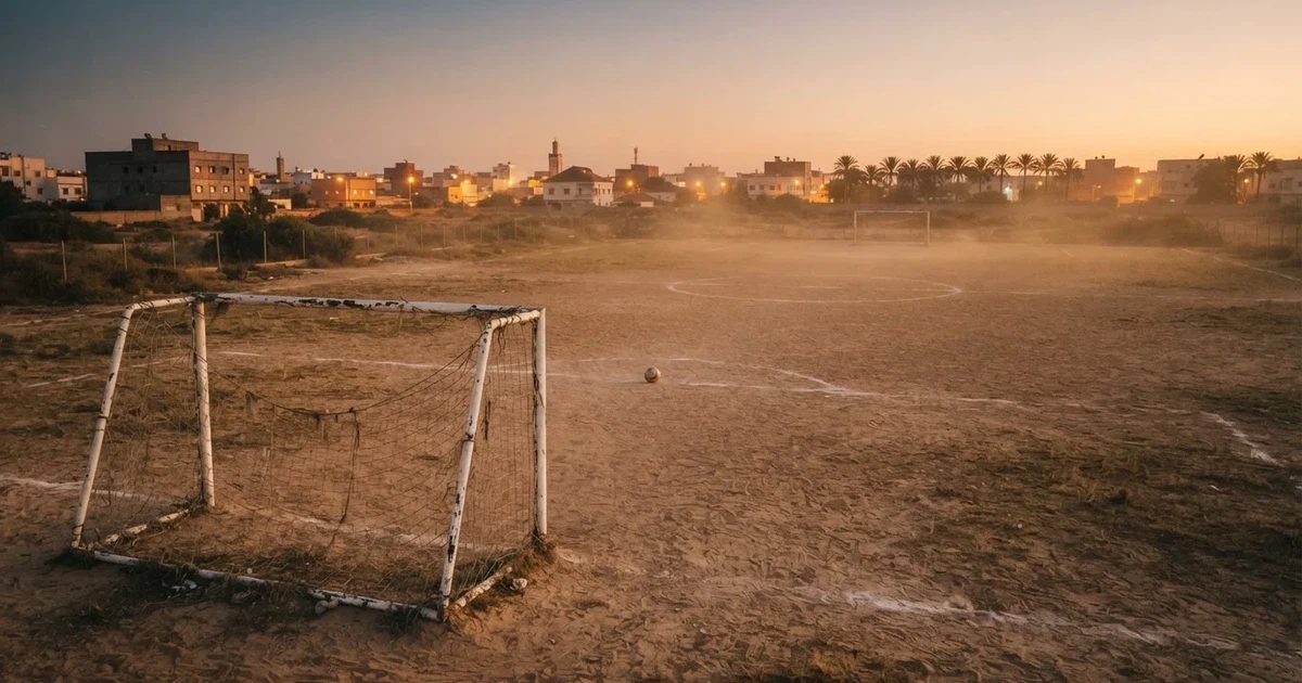 Ein sandiger Fußballplatz am Rand einer Stadt in warmem Abendlicht, Staub in der Luft und zwei Tore in der Ferne.