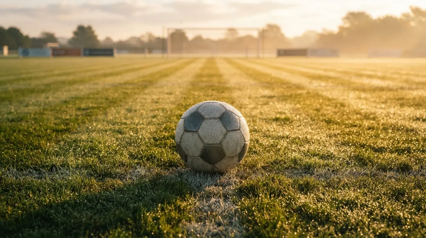Ein Fußball liegt auf dem Anstoßpunkt eines Rasens bei Sonnenaufgang, Tau glitzert auf den Halmen.