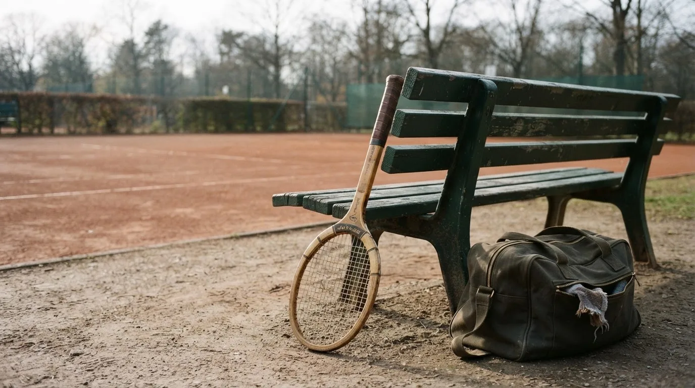 Ein Tennisschläger lehnt an einer Bank neben einer Sporttasche, im Hintergrund ein leerer Platz.