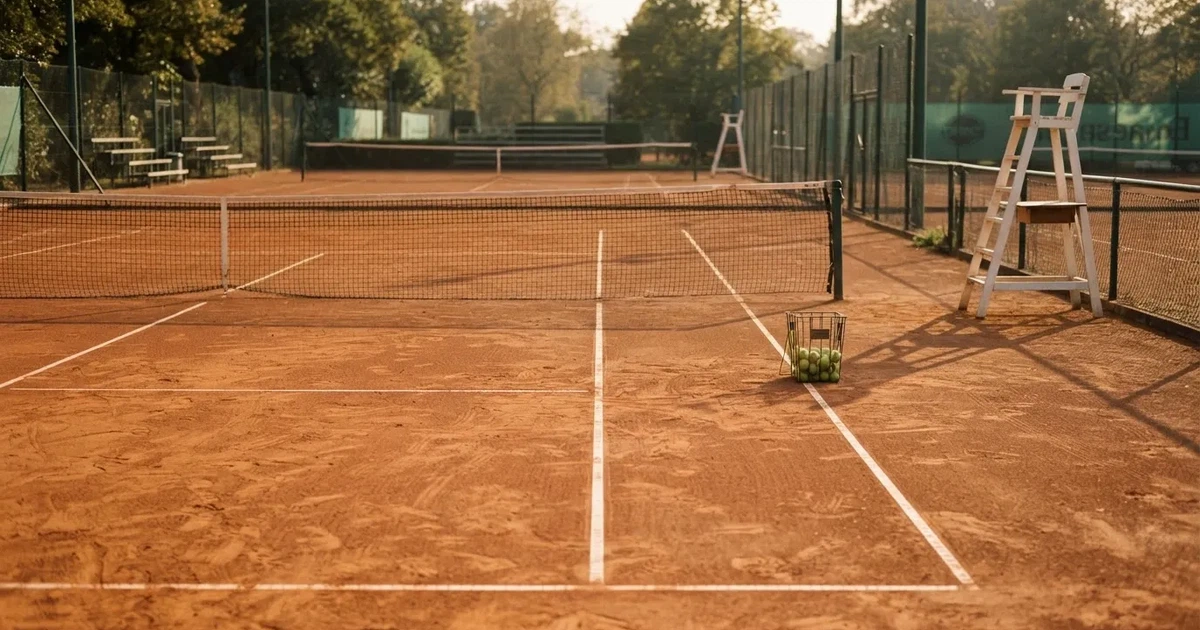 Ein Sandplatz mit frisch gezogenen Linien in der Nachmittagssonne, Netz und Ballkorb am Rand, keine Menschen.