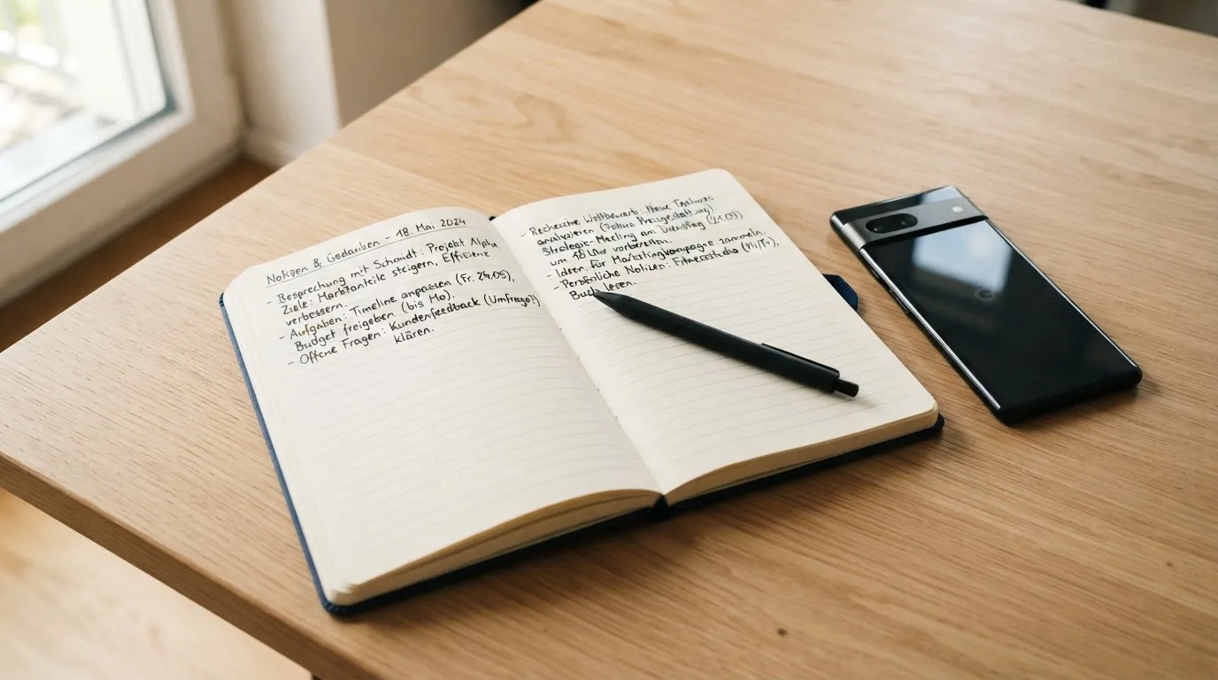 Ein Notizbuch mit handschriftlichen Notizen und ein Kugelschreiber liegen neben einem Smartphone mit dunklem Display auf einem Holztisch.
