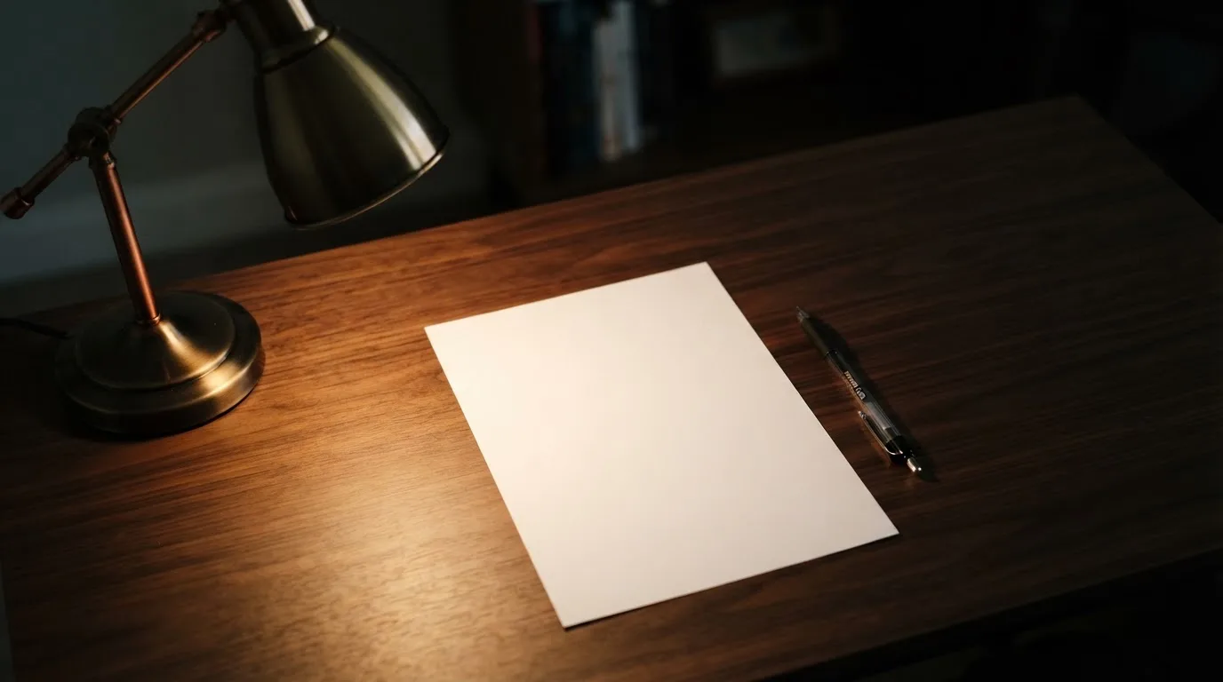Ein leerer Wettschein aus Papier liegt neben einem Stift auf einem Schreibtisch im Licht einer kleinen Tischlampe.