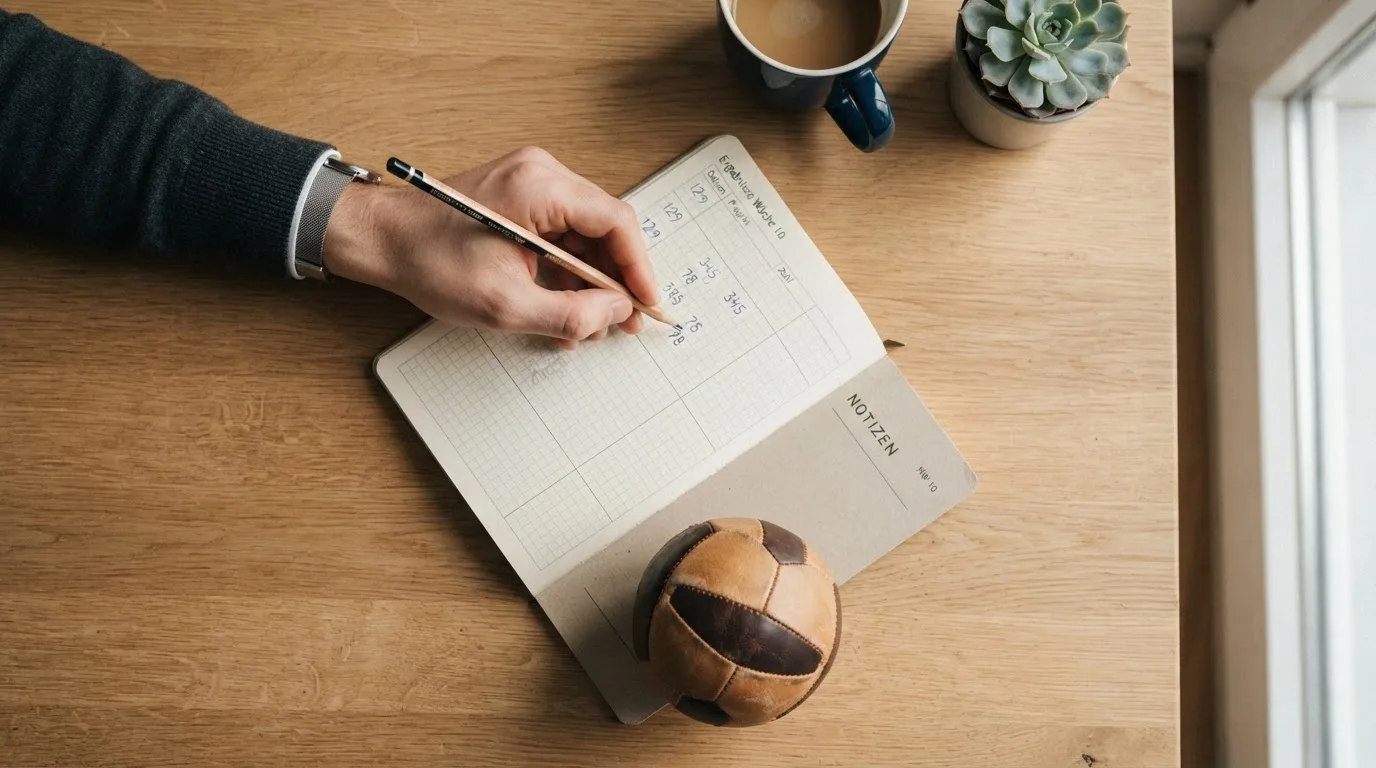 Eine Hand notiert mit Bleistift Zahlen in ein kariertes Heft, daneben liegt ein kleiner Lederfußball auf einer Holzplatte.