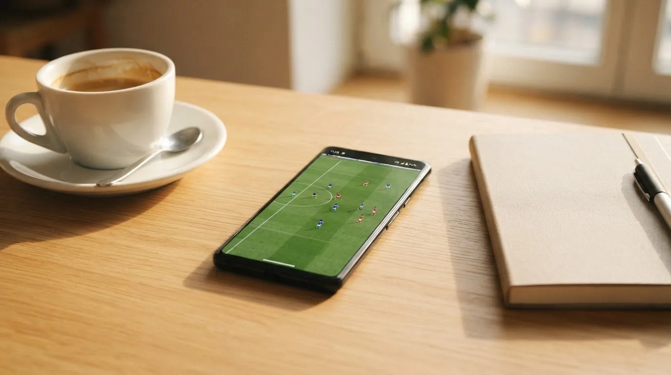 Ein Smartphone mit dunklem Display liegt neben einer Kaffeetasse und einem Notizblock auf einem hellen Tisch.
