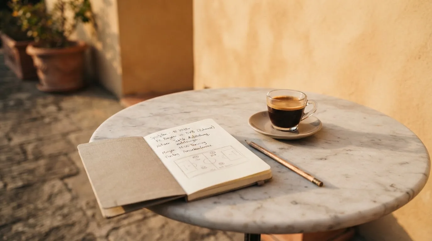 Eine Espressotasse steht auf einem kleinen Marmortisch einer Terrasse, daneben ein Notizheft mit handschriftlichen Skizzen.