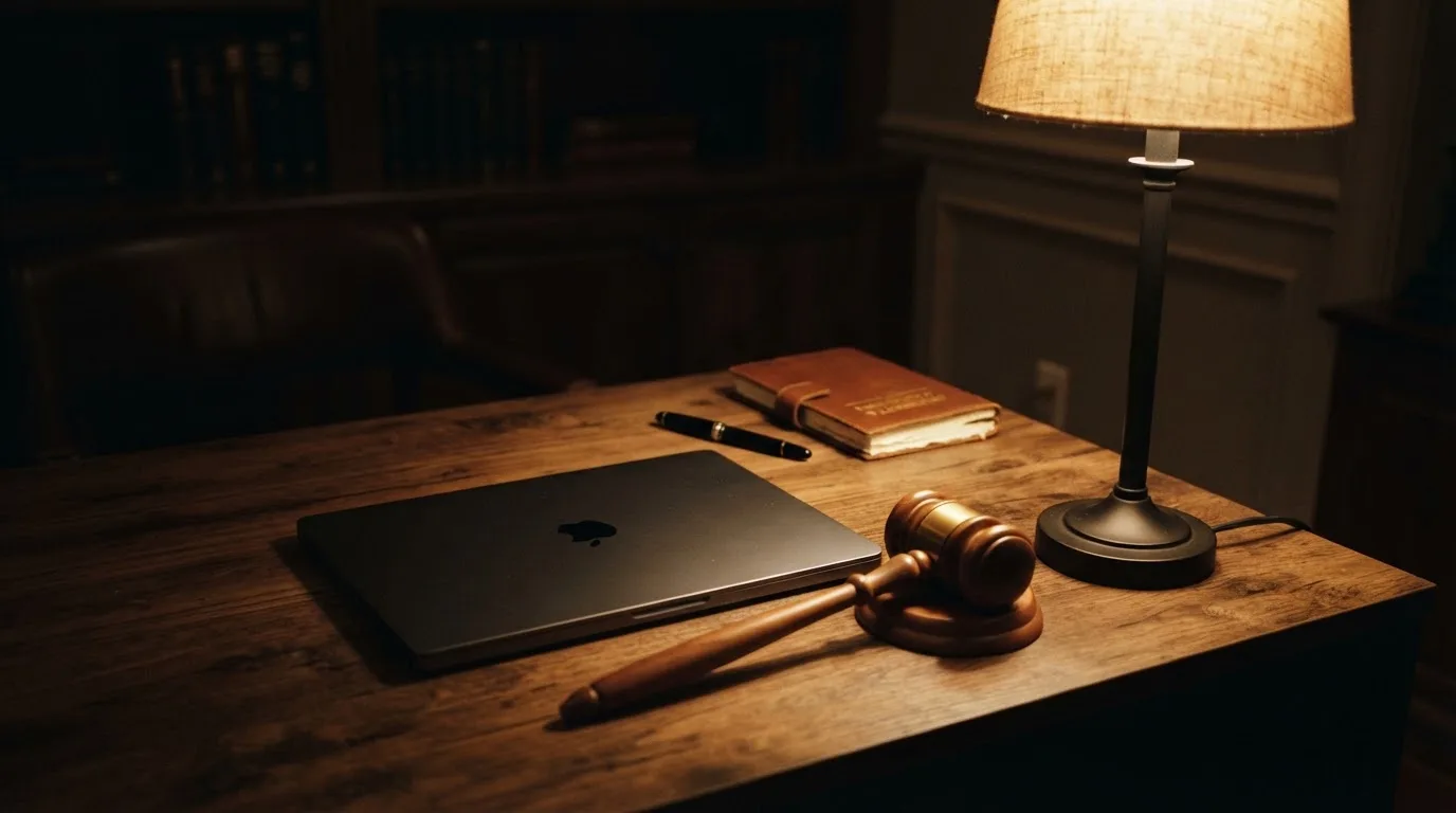 Ein Schreibtisch mit Stehlampe, einem geschlossenen Laptop und einem hölzernen Richterhammer im Halbdunkel.