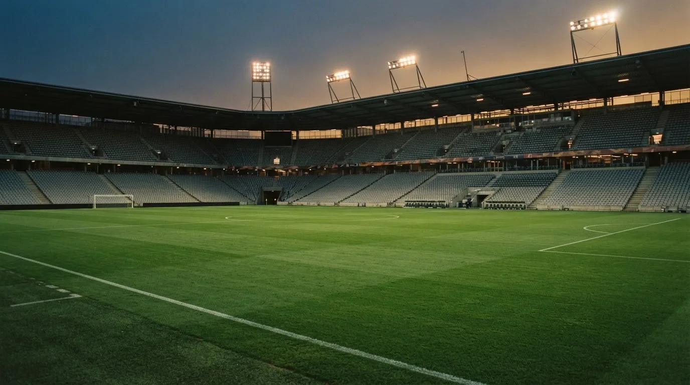 Eine leere Stadiontribüne unter Flutlicht aus der Ferne betrachtet, die Rasenfläche leuchtet grün in der Dämmerung.