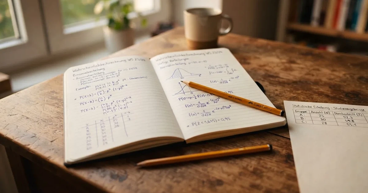 Ein aufgeschlagenes Notizbuch mit handschriftlichen Zahlenreihen und ein Bleistift liegen neben einem Taschenrechner auf einem Schreibtisch.