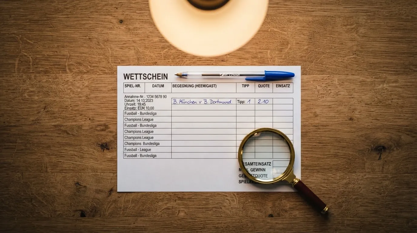 Ein leerer Wettschein aus Papier und ein Kugelschreiber liegen auf einem Schreibtisch neben einer Lupe.