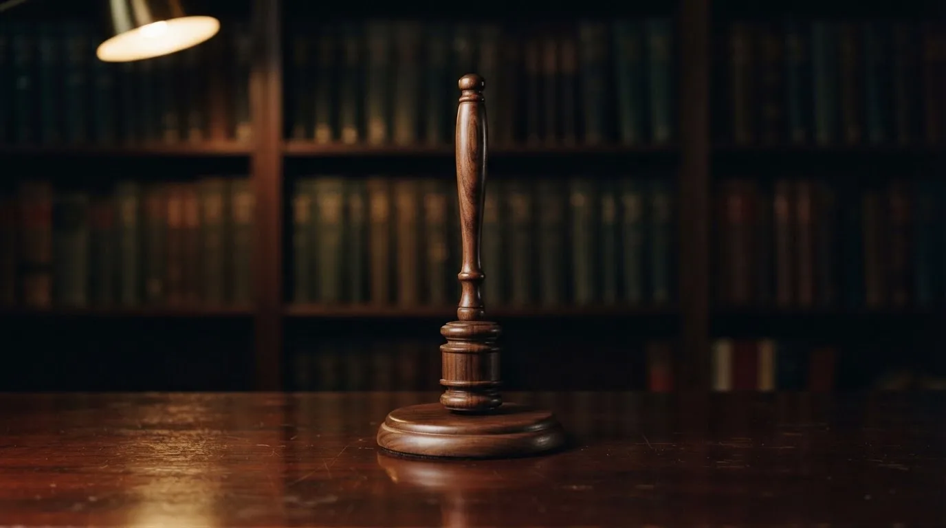 Ein Richterhammer aus Holz steht auf einer dunklen Schreibtischplatte, im Hintergrund ein unscharfes Bücherregal.