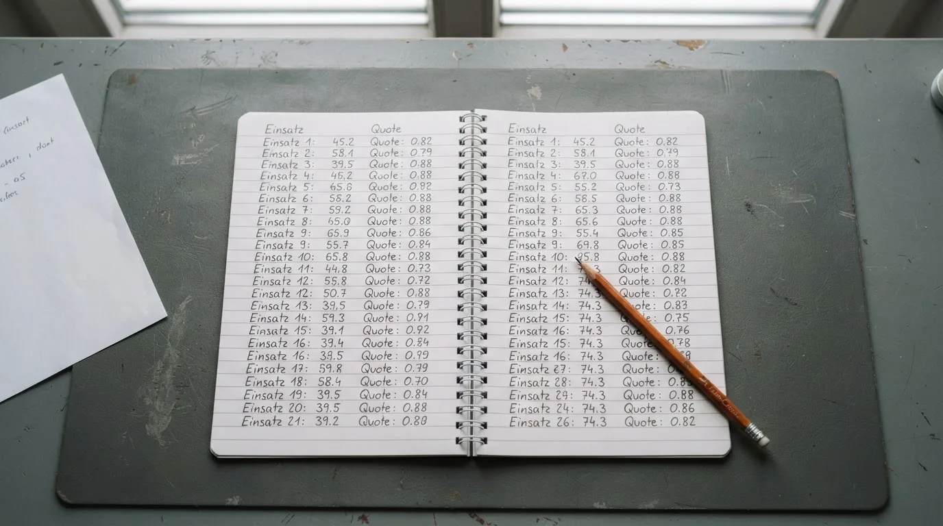 Ein Taschenrechner, ein Bleistift und ein Block mit handschriftlichen Zahlenreihen liegen auf einer grauen Arbeitsfläche.