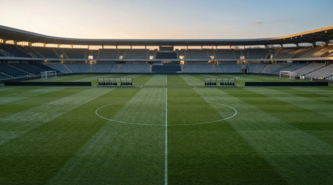 Ein Fußballplatz mit frisch gezogenen Kreidelinien im ersten Morgenlicht, leere Ersatzbänke am Spielfeldrand.
