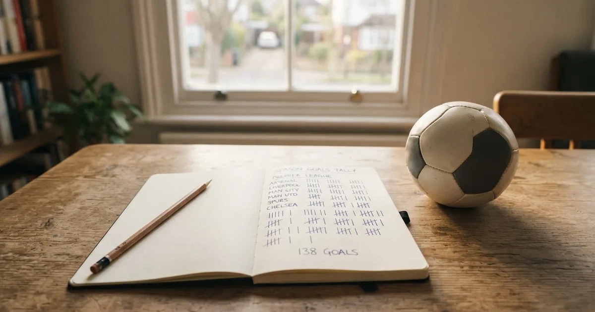 Ein Notizbuch mit handschriftlichen Strichlisten, ein Bleistift und ein kleiner Fußball liegen auf einem Schreibtisch vor einem Fenster.