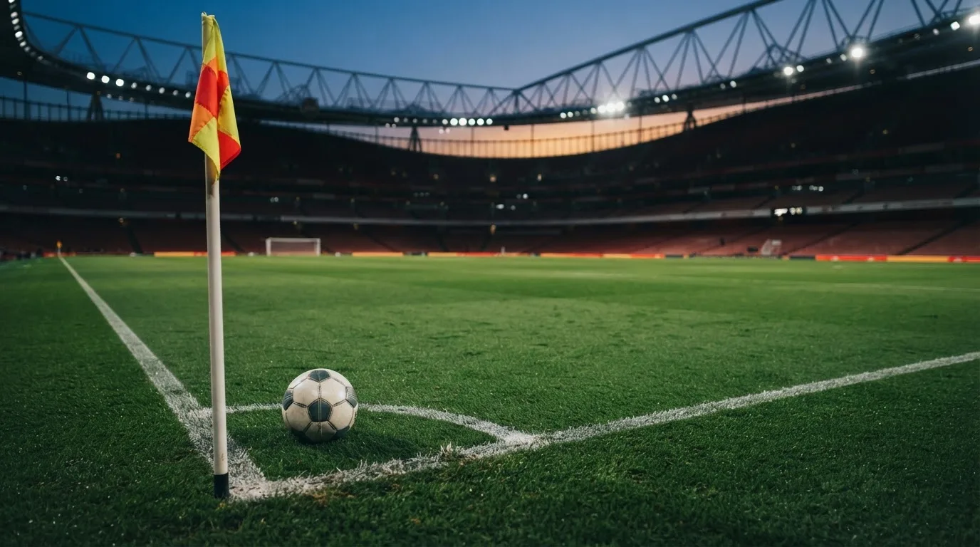 Ein Fußball liegt neben einem Eckfahnen-Pfosten auf einem Rasenplatz, im Hintergrund ein leeres Stadion in der Dämmerung.