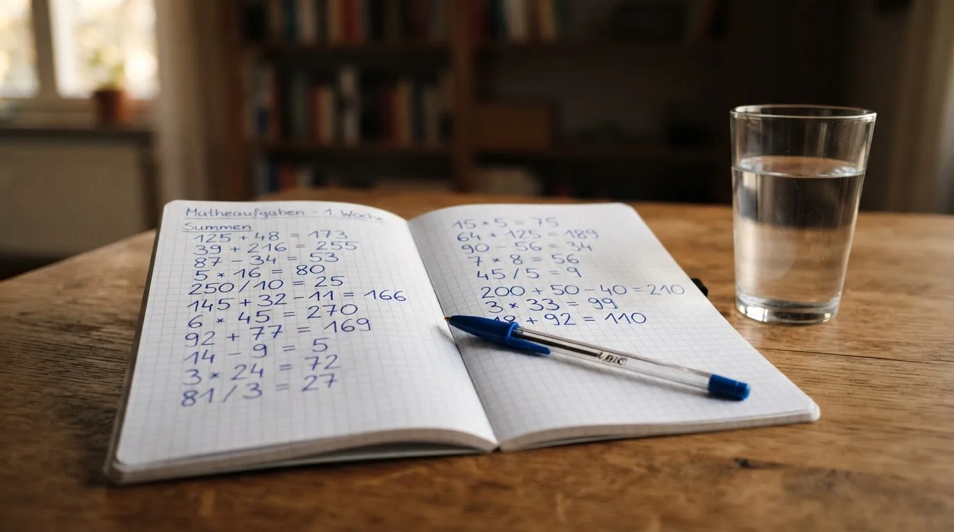 Ein Taschenrechner liegt auf einem Schreibtisch neben einem Block mit handschriftlichen Rechnungen und einem Glas Wasser.