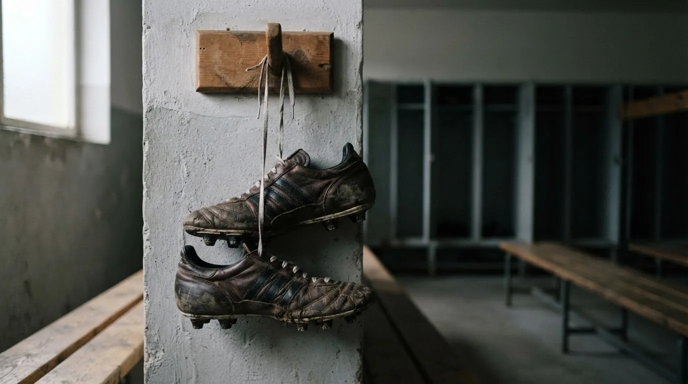 Ein Paar Fußballschuhe hängt an den Schnürsenkeln an einem Holzhaken in einer leeren Umkleidekabine.