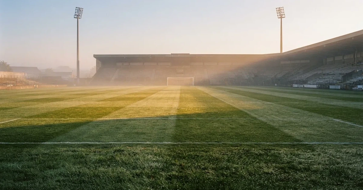 Ein Fußballplatz mit gepflegtem Rasen und einem Tor, über dem Spielfeld liegt Morgennebel, im Hintergrund eine leere Tribüne.