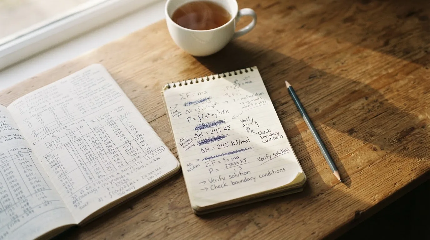 Ein Schreibtisch mit Taschenrechner, Bleistift und einem Block voller handschriftlicher Rechnungen, daneben eine Tasse Tee.