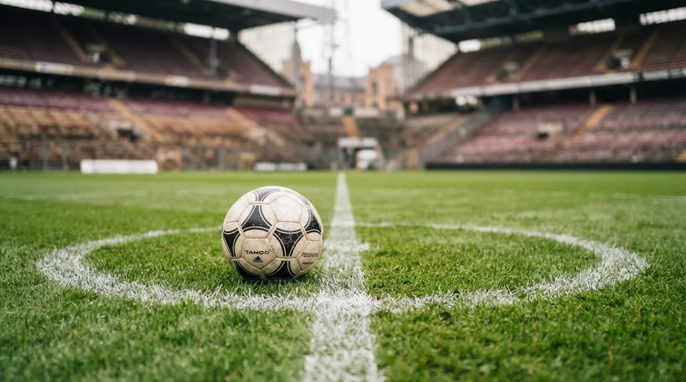 Ein Fußball liegt auf dem Rasen im Mittelkreis, die Kreidelinien führen scharf ins Bild, dahinter verschwimmt eine Tribüne.