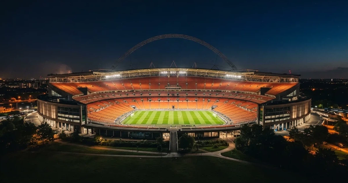 Ein großes Stadion bei Nacht, aus der Ferne unter Flutlicht gesehen, die Ränge hell erleuchtet, der Rasen leuchtend grün.