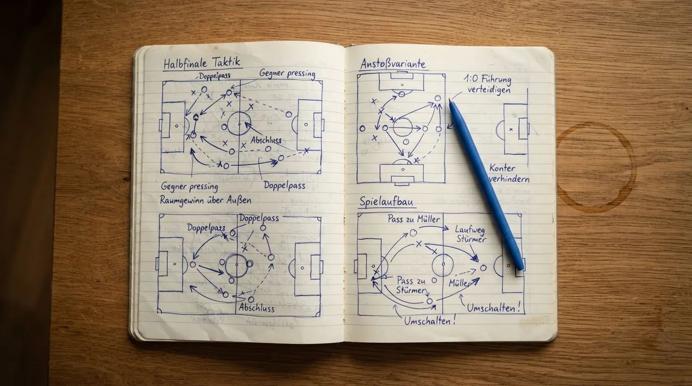 Ein aufgeschlagenes Notizbuch mit handschriftlichen Skizzen von Spielzügen liegt neben einem Kugelschreiber auf einem Holztisch.