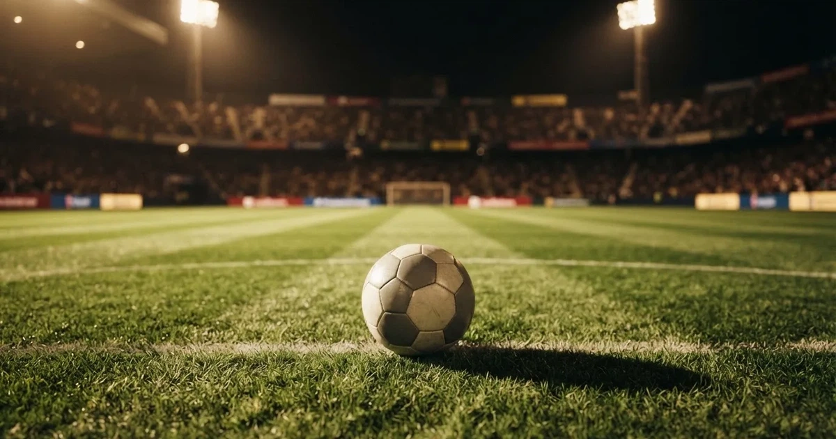 Ein Fußball liegt auf dem Rasen eines leeren Stadions bei Flutlicht, im Hintergrund unscharfe Tribünen ohne erkennbare Beschriftung.