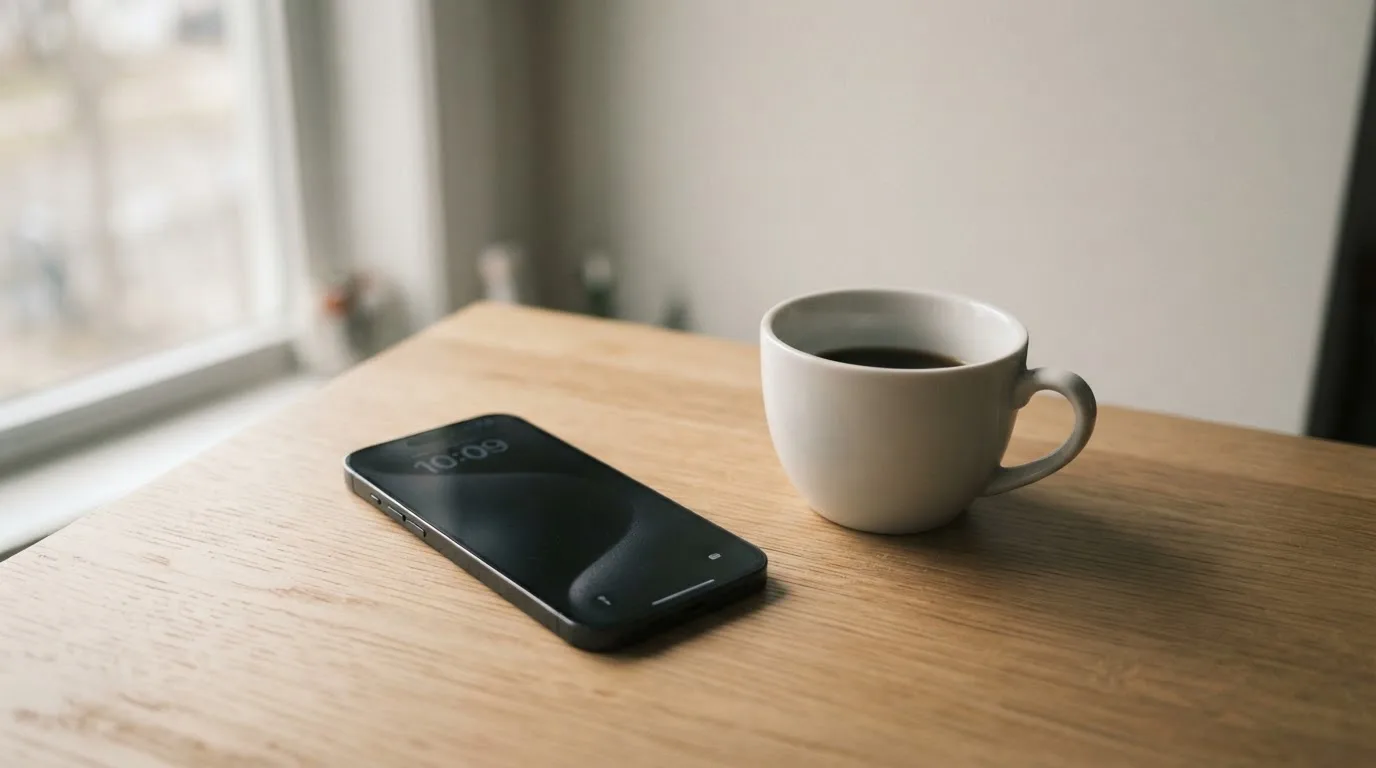 Ein Smartphone mit dunklem Display liegt neben einer Kaffeetasse auf einem Holztisch im Licht eines Fensters.