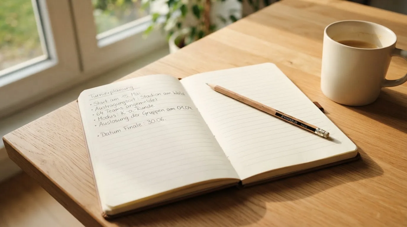 Ein aufgeschlagenes Notizbuch mit handgeschriebenen Stichpunkten und ein Bleistift liegen neben einer Kaffeetasse auf einem hellen Holztisch.