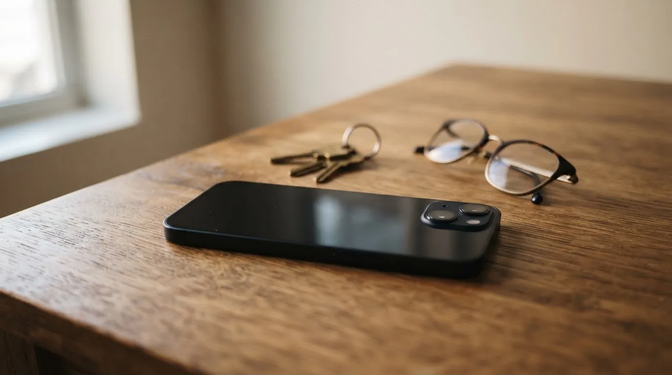 Ein Smartphone liegt mit dunklem Display auf einem Holztisch neben einem Schlüsselbund und einer Brille im Licht eines Fensters.