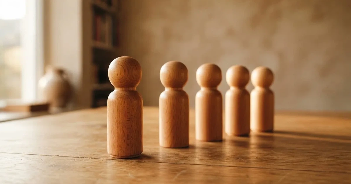 Fünf Holzfiguren stehen in einer Reihe auf einem Tisch, die erste Figur ist leicht nach vorn gerückt.