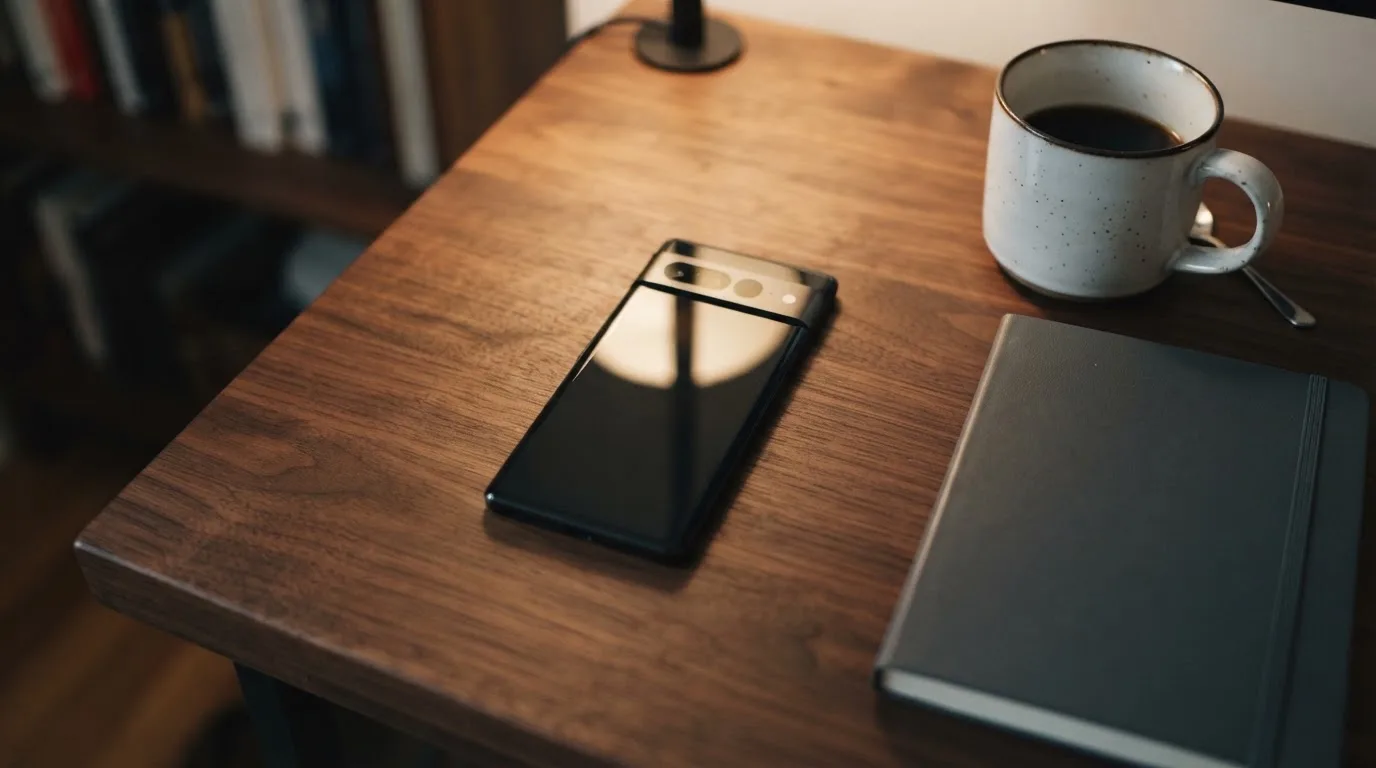 Ein Smartphone liegt mit dunklem Display auf einem Schreibtisch neben einem Notizbuch und einer Kaffeetasse.